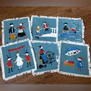 6 Vintage Aase and Preben Jangaard HCA Cloth Cocktail Napkins Fairytale Design